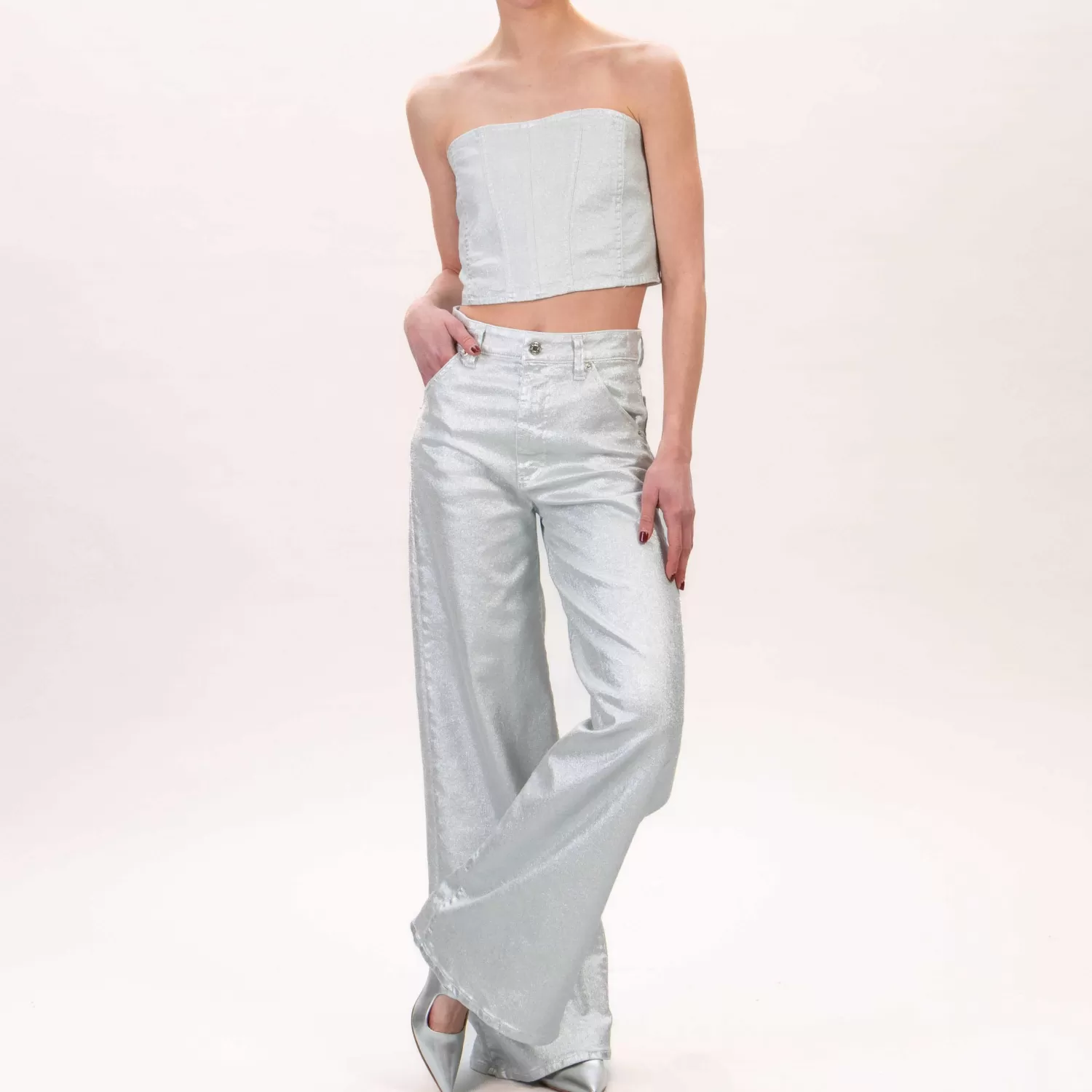 Outlet White Mood Vicolo-Jeans Lexie Wide Leg Elasticizzato Laminato - Argento