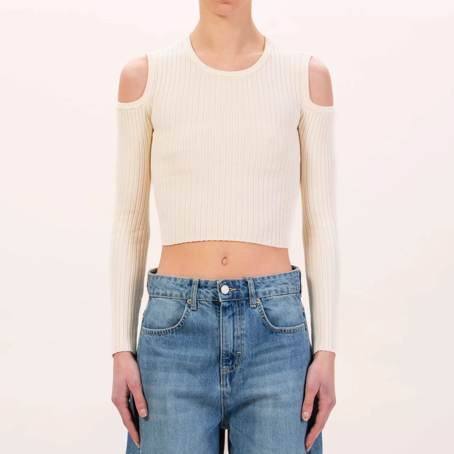 Fashion White Mood Vicolo-Maglia Costine Crop Cut Out - Burro