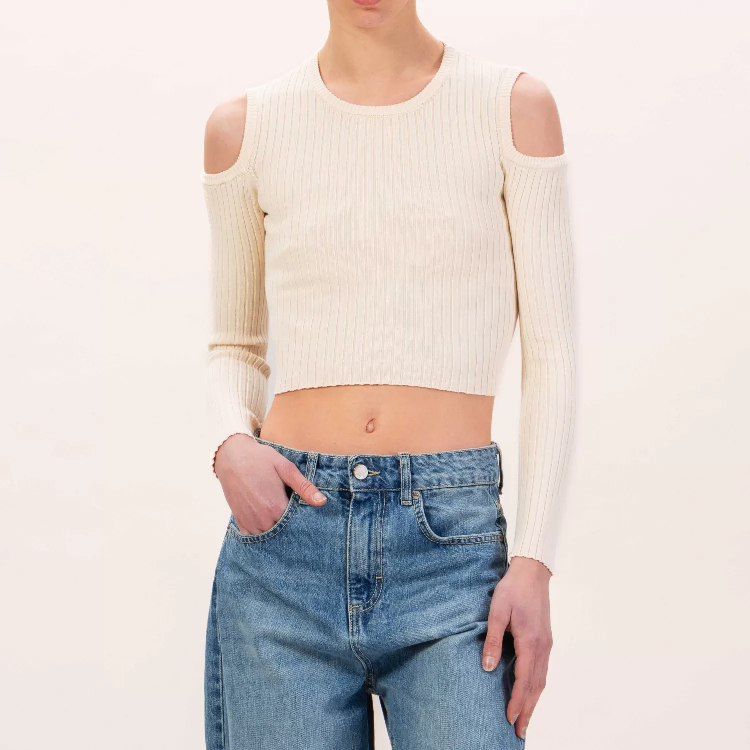 Fashion White Mood Vicolo-Maglia Costine Crop Cut Out - Burro