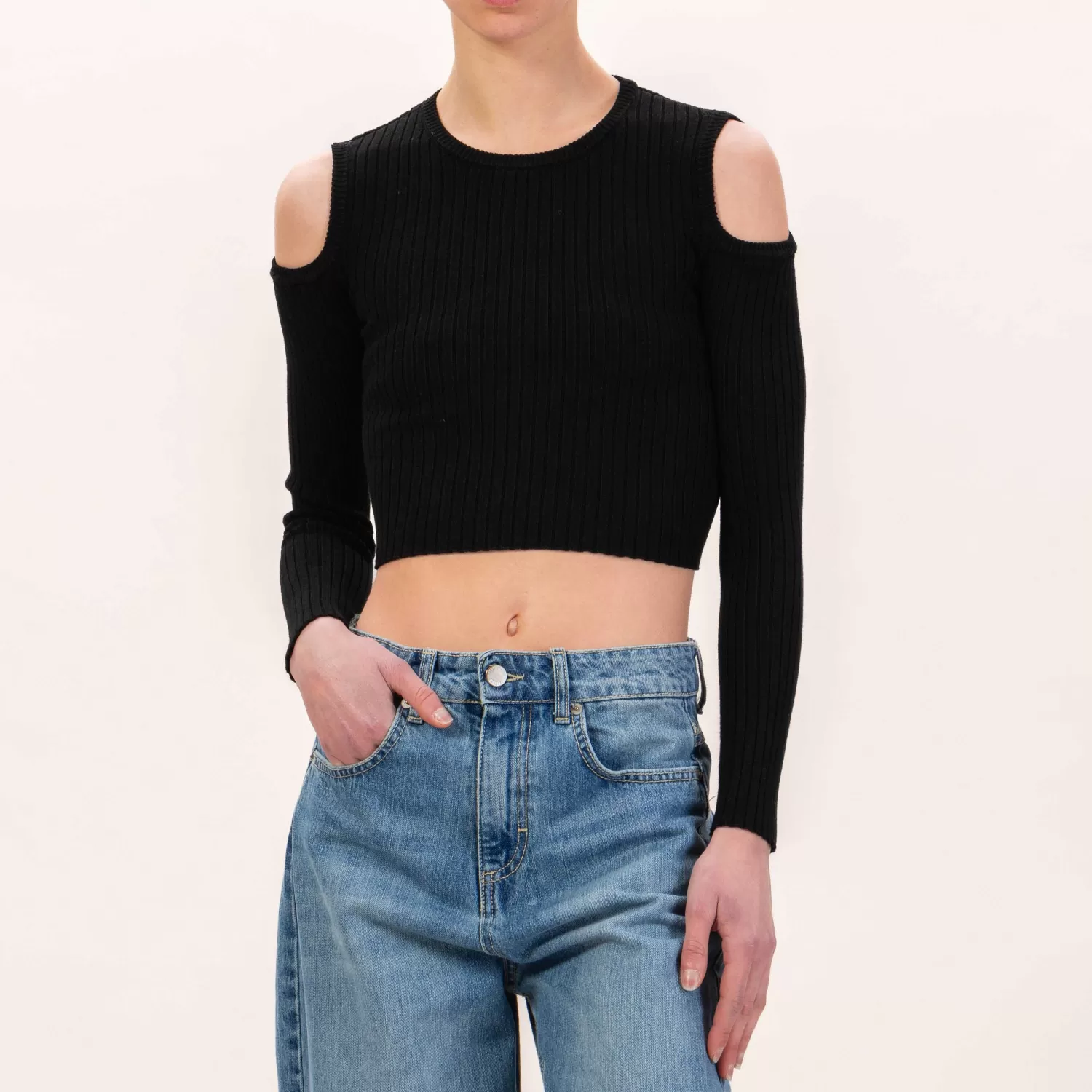 Sale White Mood Vicolo-Maglia Costine Crop Cut Out - Nero