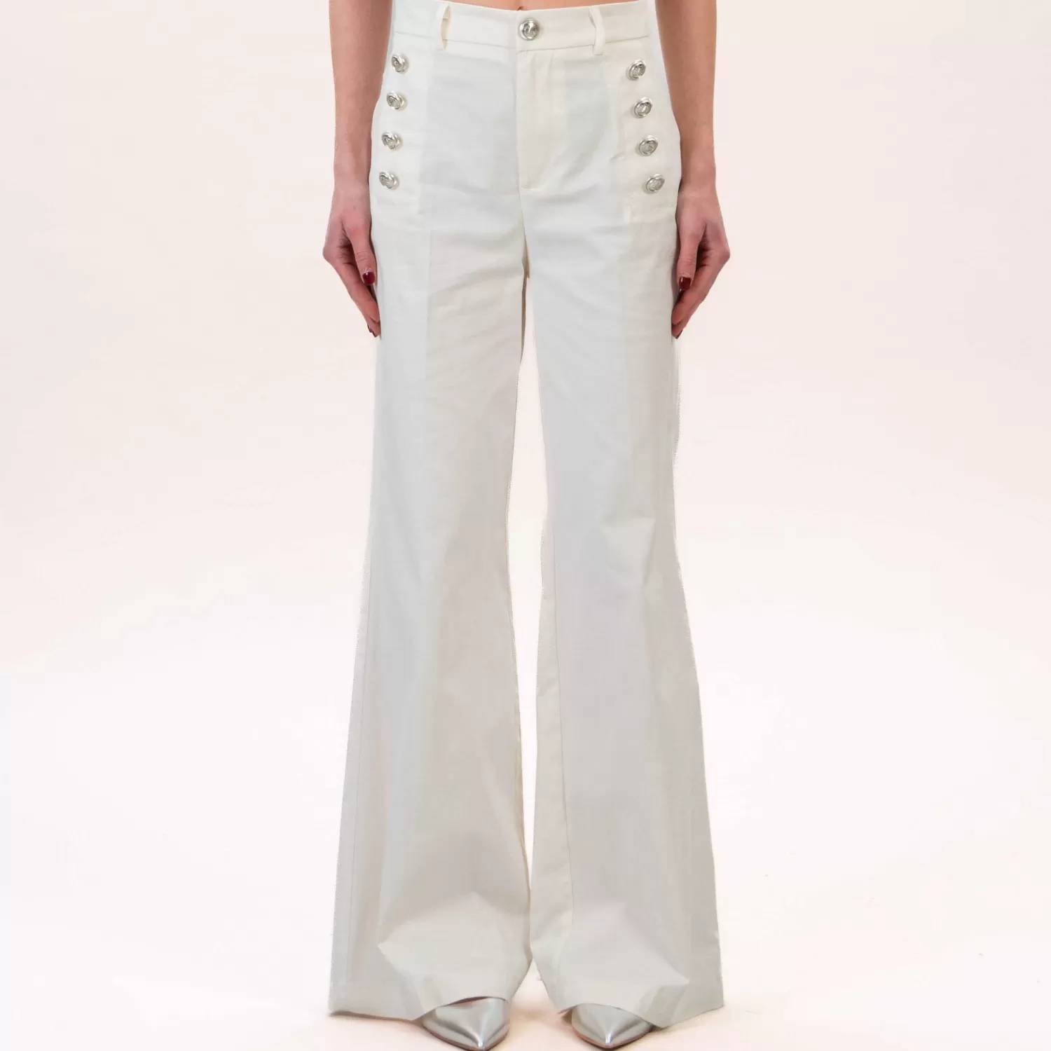 Best White Mood Vicolo-Pantalone Bottoni Argento - Burro