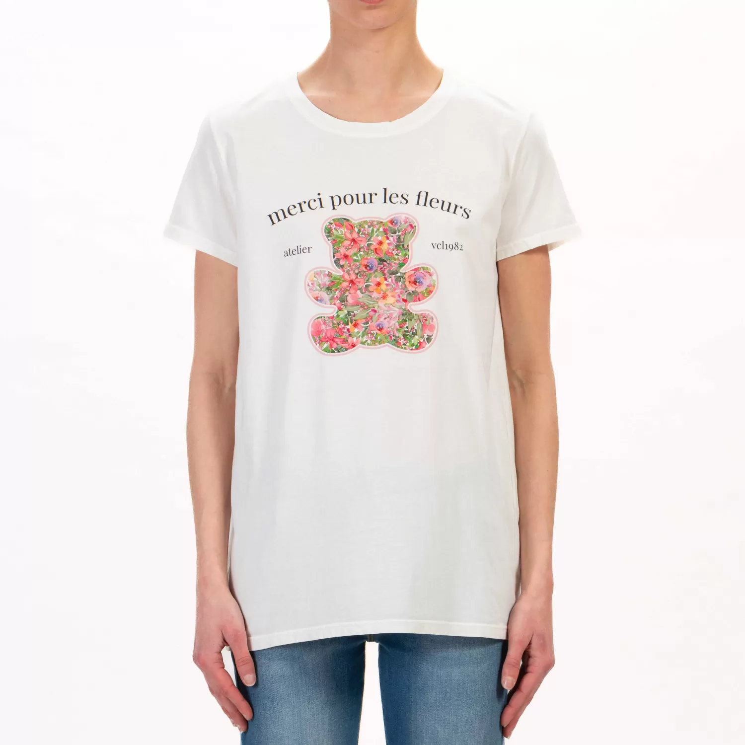 New White Mood Vicolo-T-Shirt Orsetto Fantasia Floreale - Latte