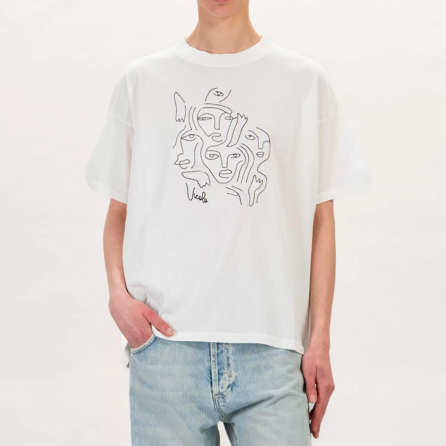 Best Sale White Mood Vicolo-T-Shirt Ricamo Volti - Latte