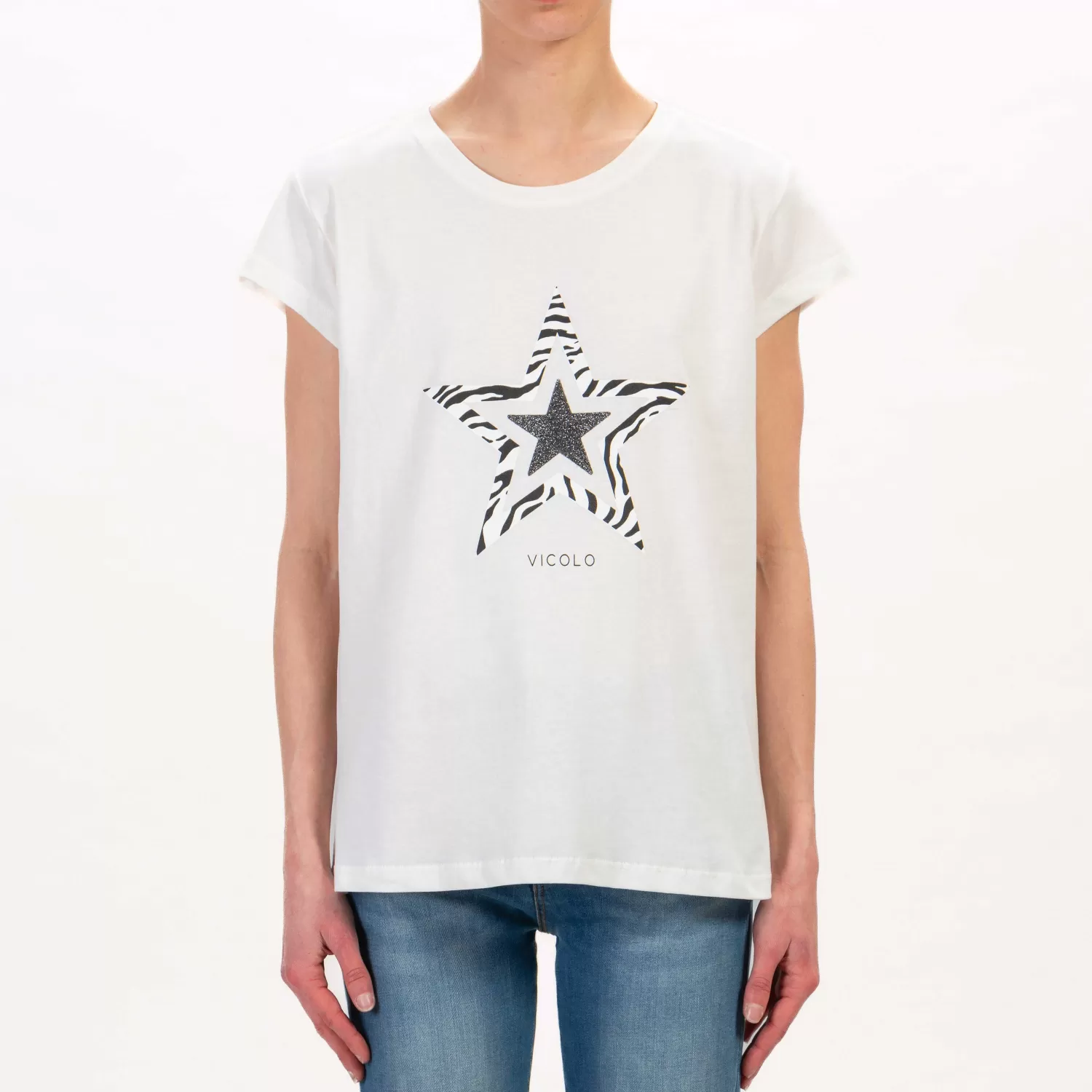 Shop White Mood Vicolo-T-Shirt Stella Con Lurex - Latte/Nero