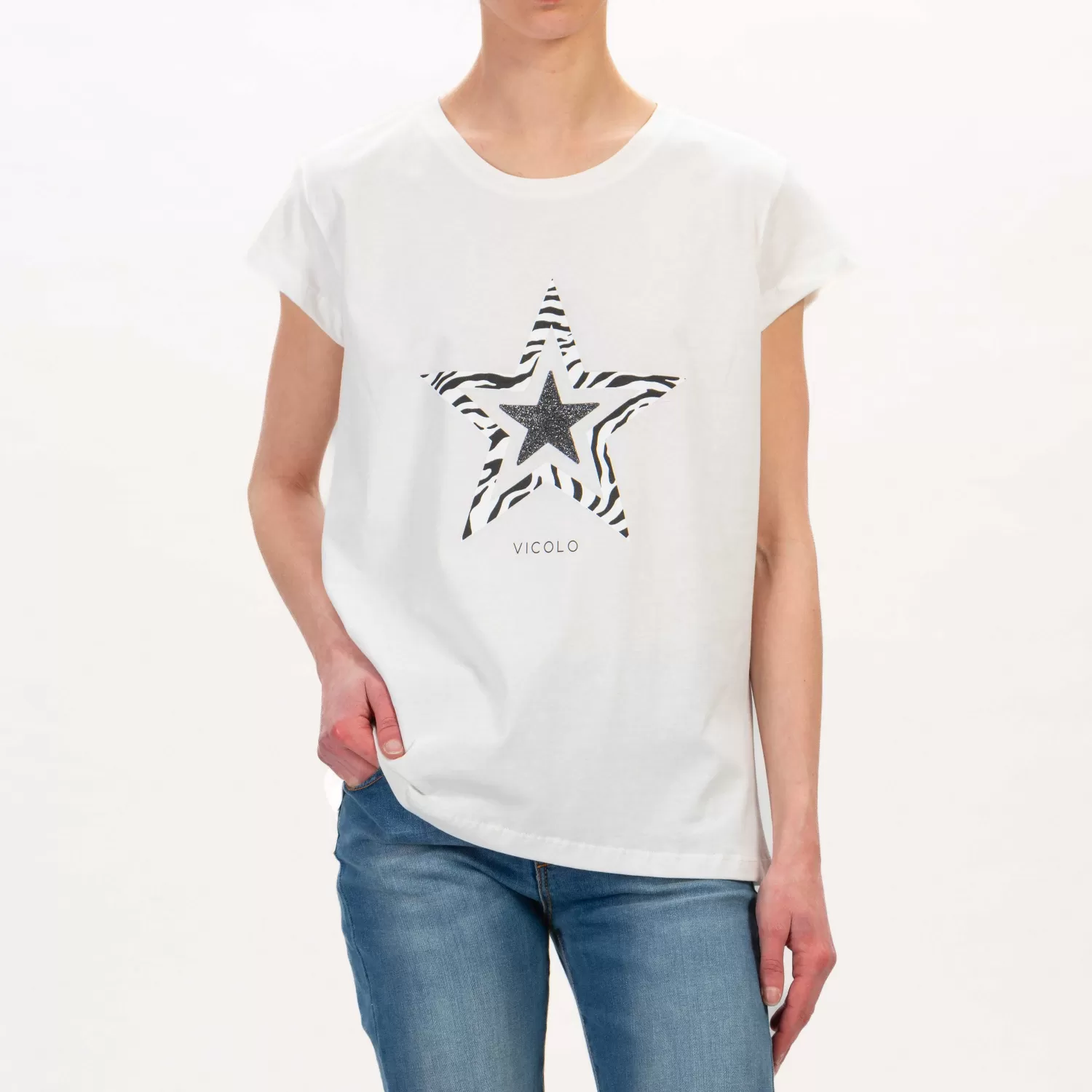 Shop White Mood Vicolo-T-Shirt Stella Con Lurex - Latte/Nero