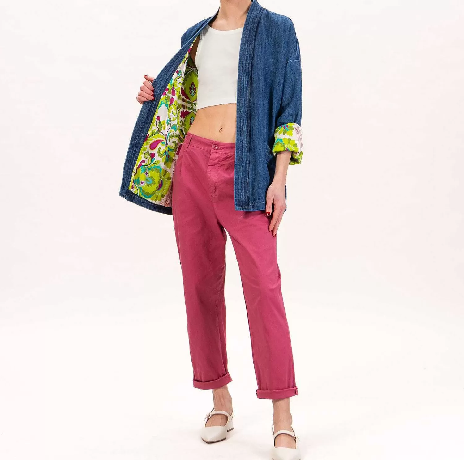 Shop White Mood Wu'Side-Kimono Jeans Corto - Denim Scuro/Panna/Verde