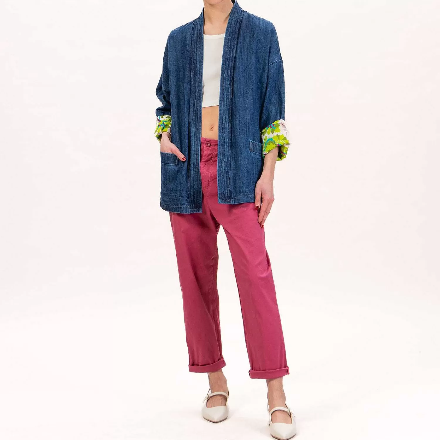 Fashion White Mood Wu'Side-Kimono Jeans Corto - Denim Scuro/Panna/Verde