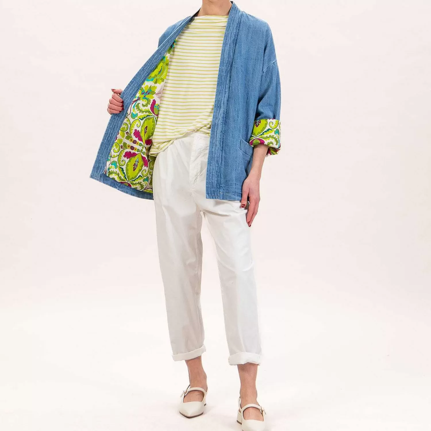 Store White Mood Wu'Side-Kimono Jeans Corto - Denim/Panna/Verde