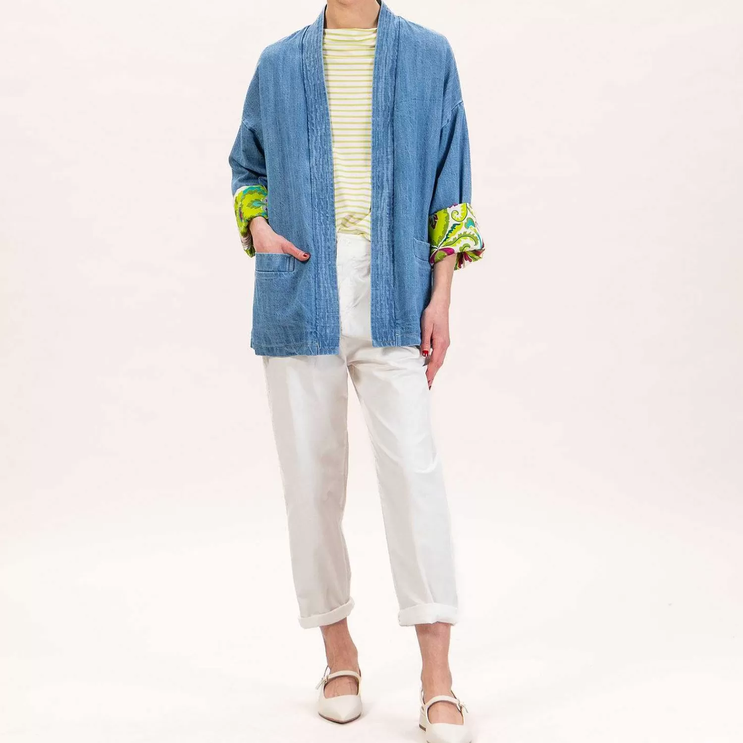 Store White Mood Wu'Side-Kimono Jeans Corto - Denim/Panna/Verde