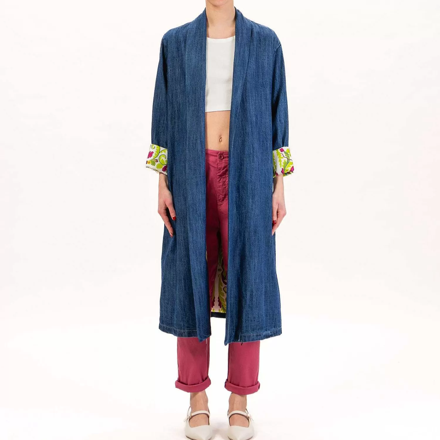 Shop White Mood Wu'Side-Kimono Jeans Lungo - Denim Scuro/Panna/Verde