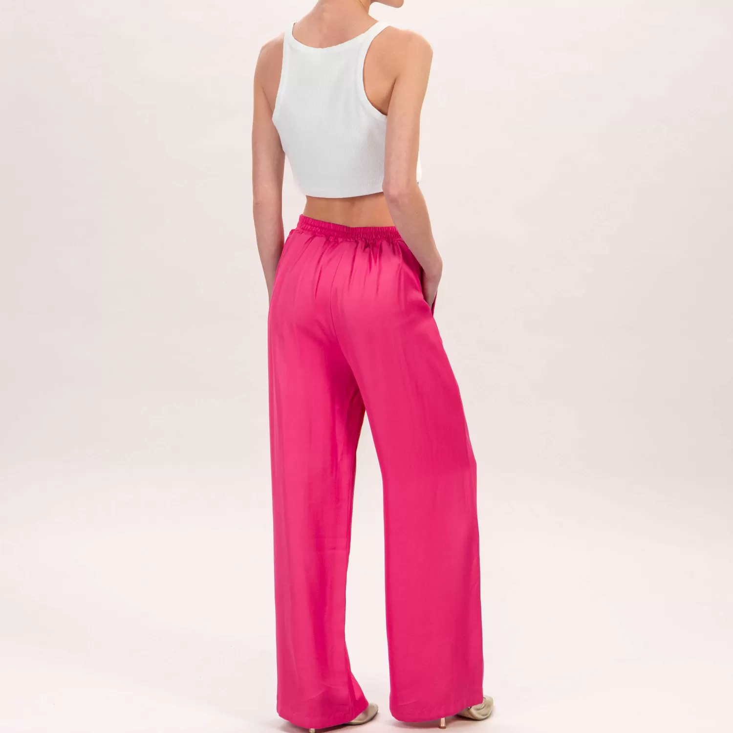 Shop White Mood Wu'Side-Pantalone In Satin Elastico Dietro - Fucsia