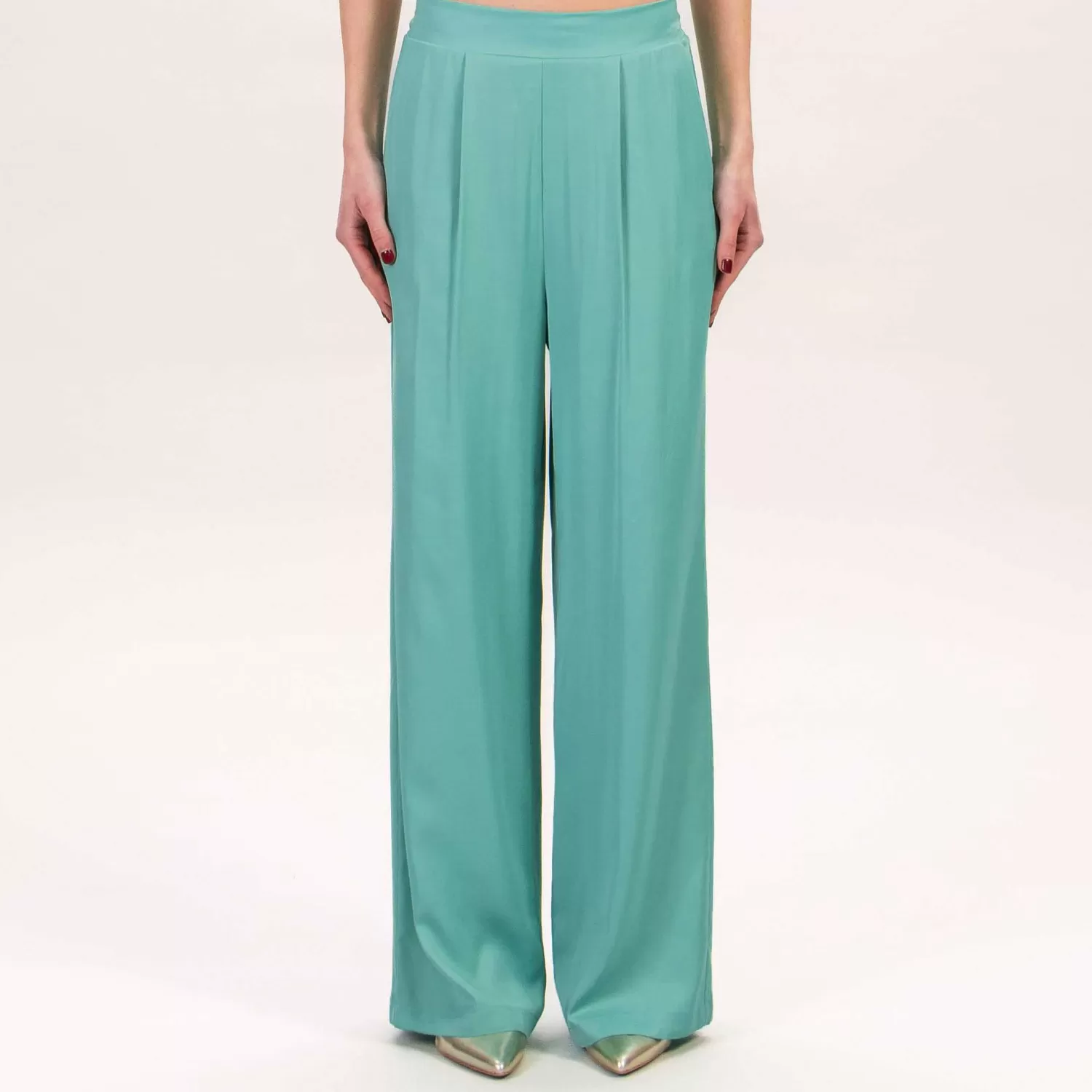 Hot White Mood Wu'Side-Pantalone In Satin Elastico Dietro - Verde Acqua