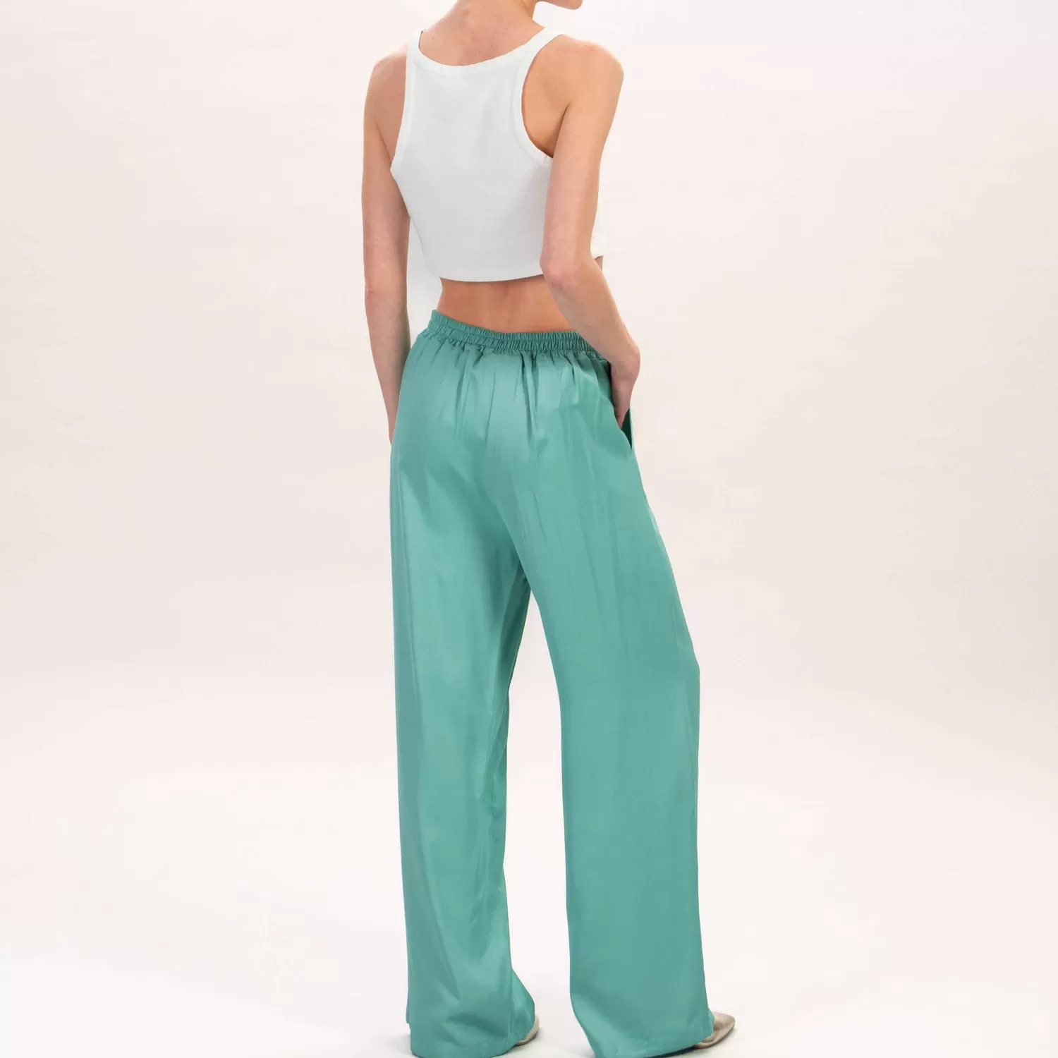 Hot White Mood Wu'Side-Pantalone In Satin Elastico Dietro - Verde Acqua