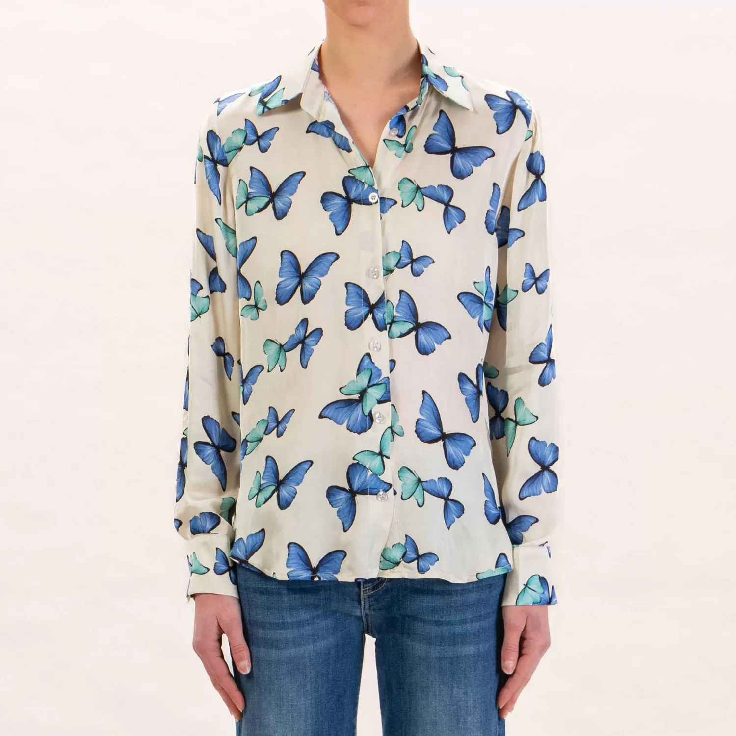 Store White Mood Zeroassoluto- Camicia Camy In Satin - Farfalle Latte/Blu/Turchese