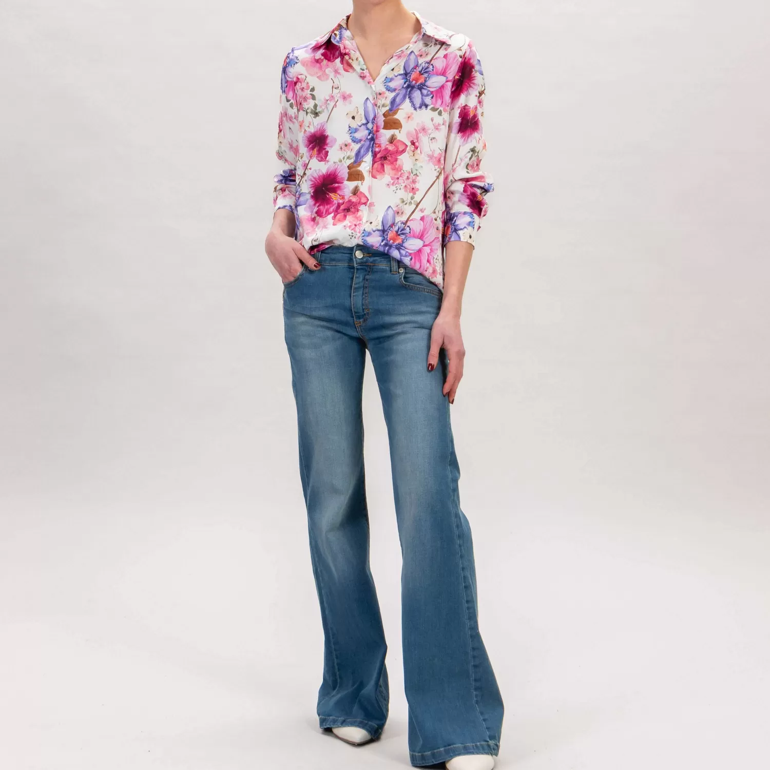 Hot White Mood Zeroassoluto- Camicia Camy In Satin - Fiori Latte/Fuscia/Peonia