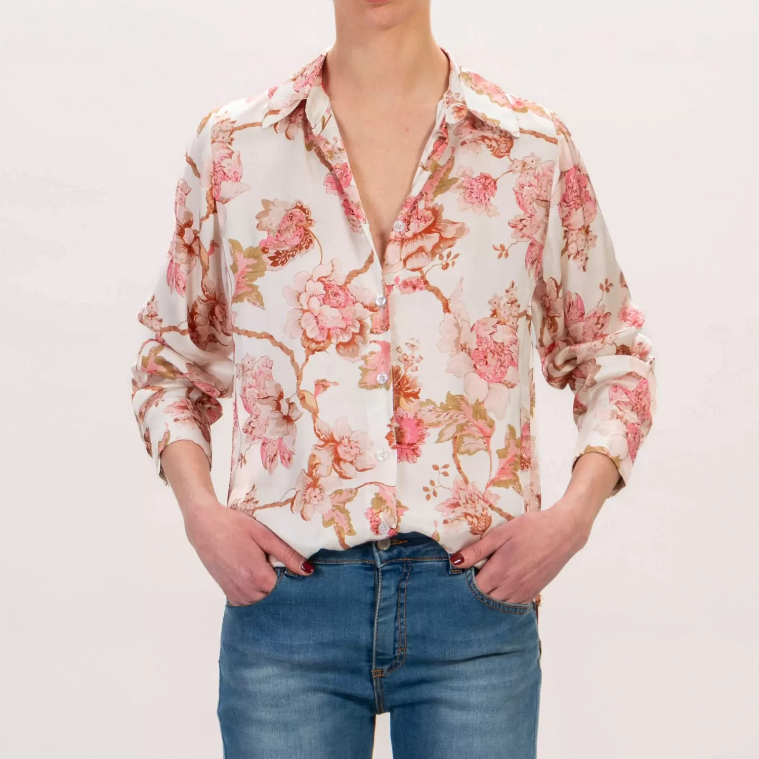 Best Sale White Mood Zeroassoluto- Camicia Camy In Satin - Fiori Latte/Rosa/Cuoio