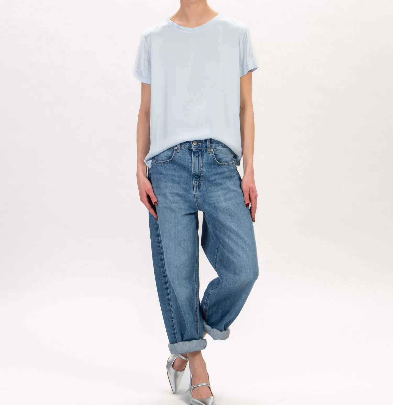 Store White Mood Zeroassoluto-Blusa Mezza Manica In Satin Elasticizzata - Cielo