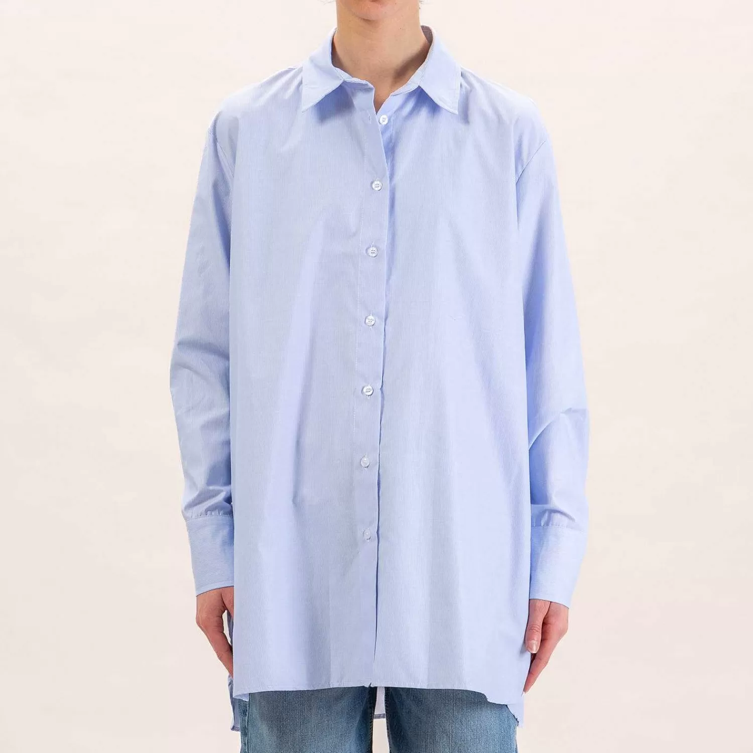 Outlet White Mood Zeroassoluto-Camicia Oversize In Cotone - Righe Fine Bianco/Celeste