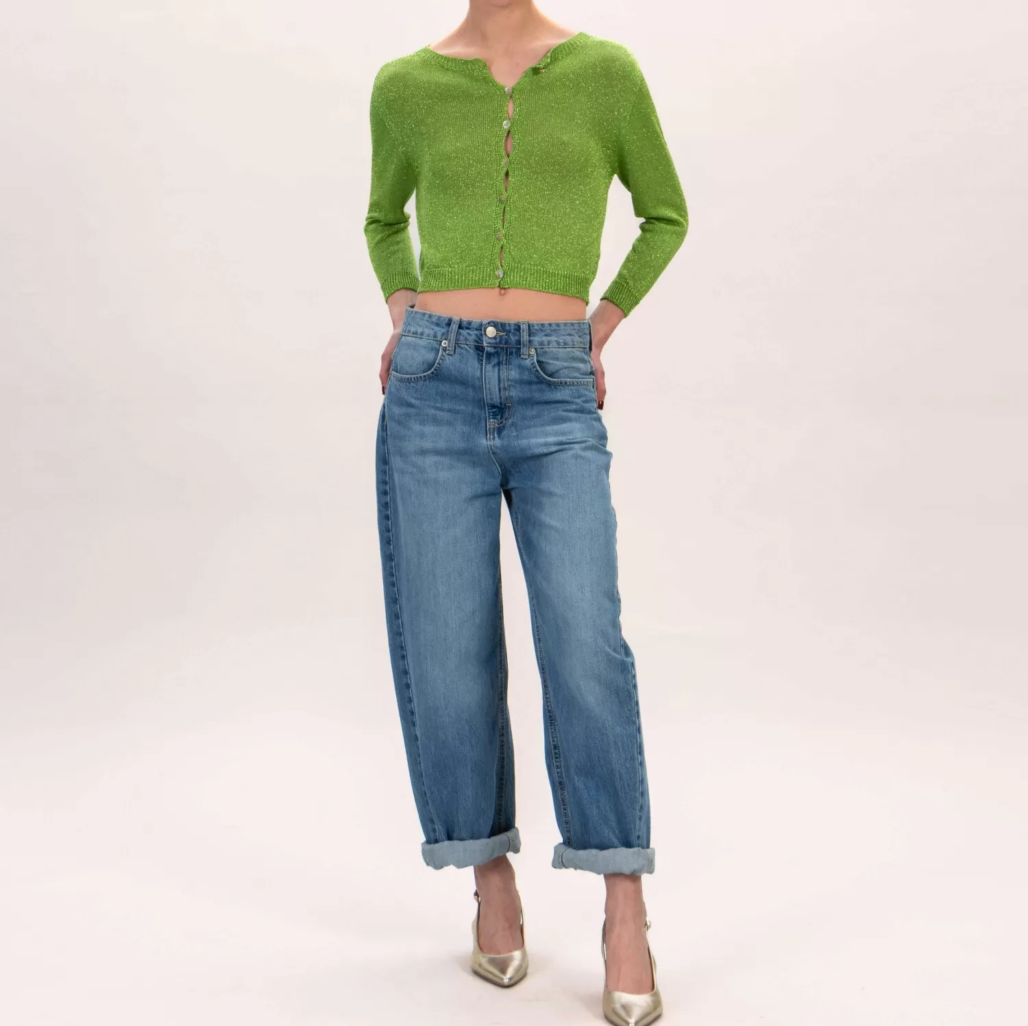 Outlet White Mood Zeroassoluto-Cardigan Crop In Lurex - Verde Mela