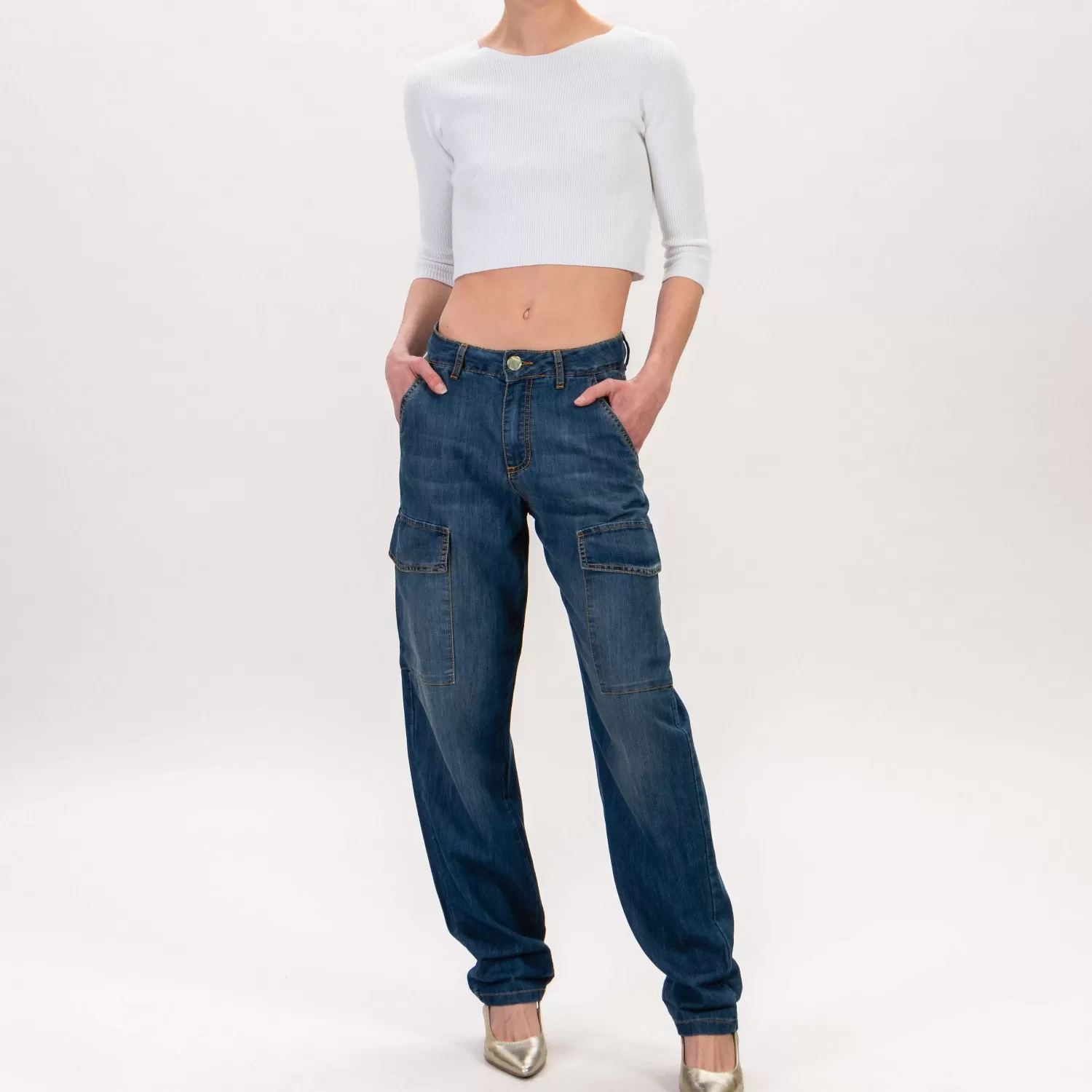 Online White Mood Zeroassoluto-Jeans Jane Cargo Tela Light - Denim