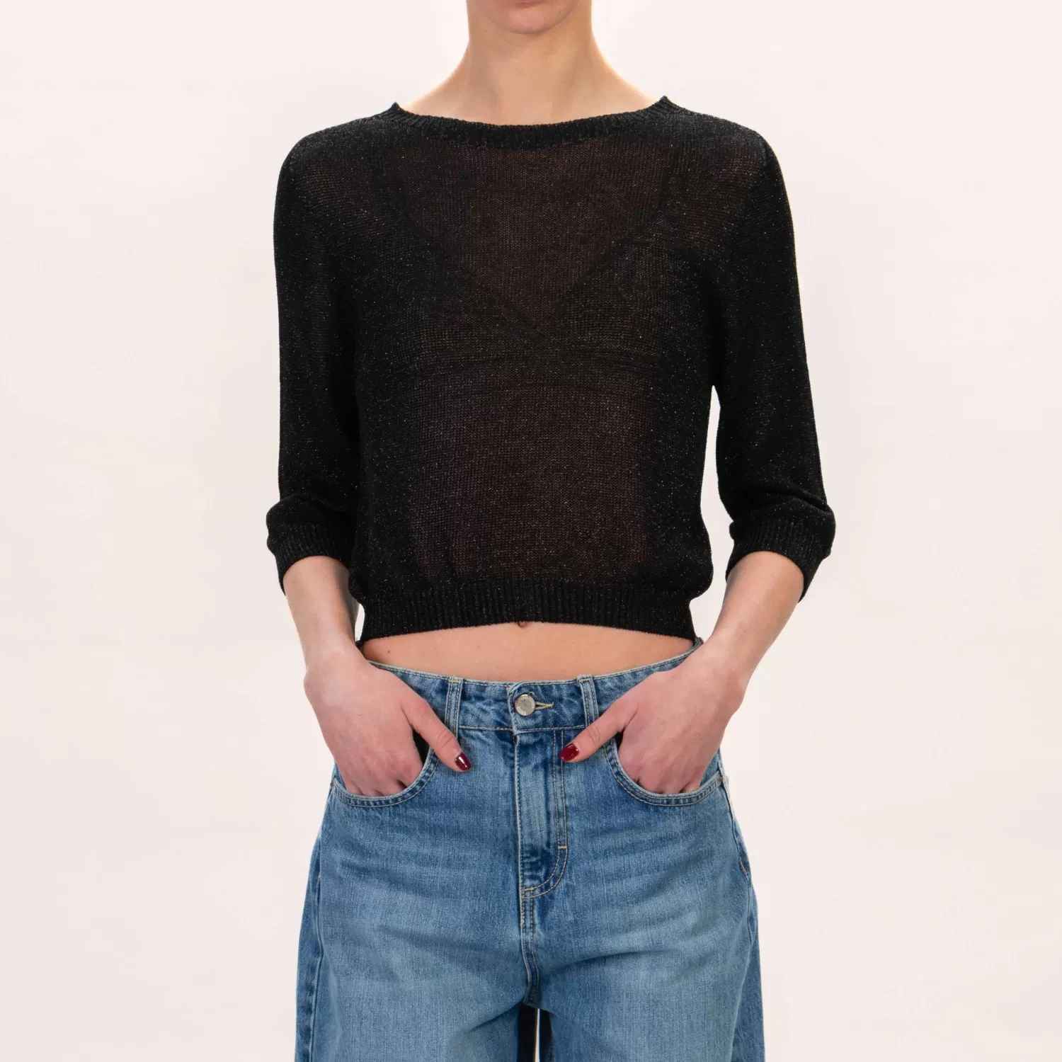 Sale White Mood Zeroassoluto-Maglia Crop Girocollo In Lurex - Nero