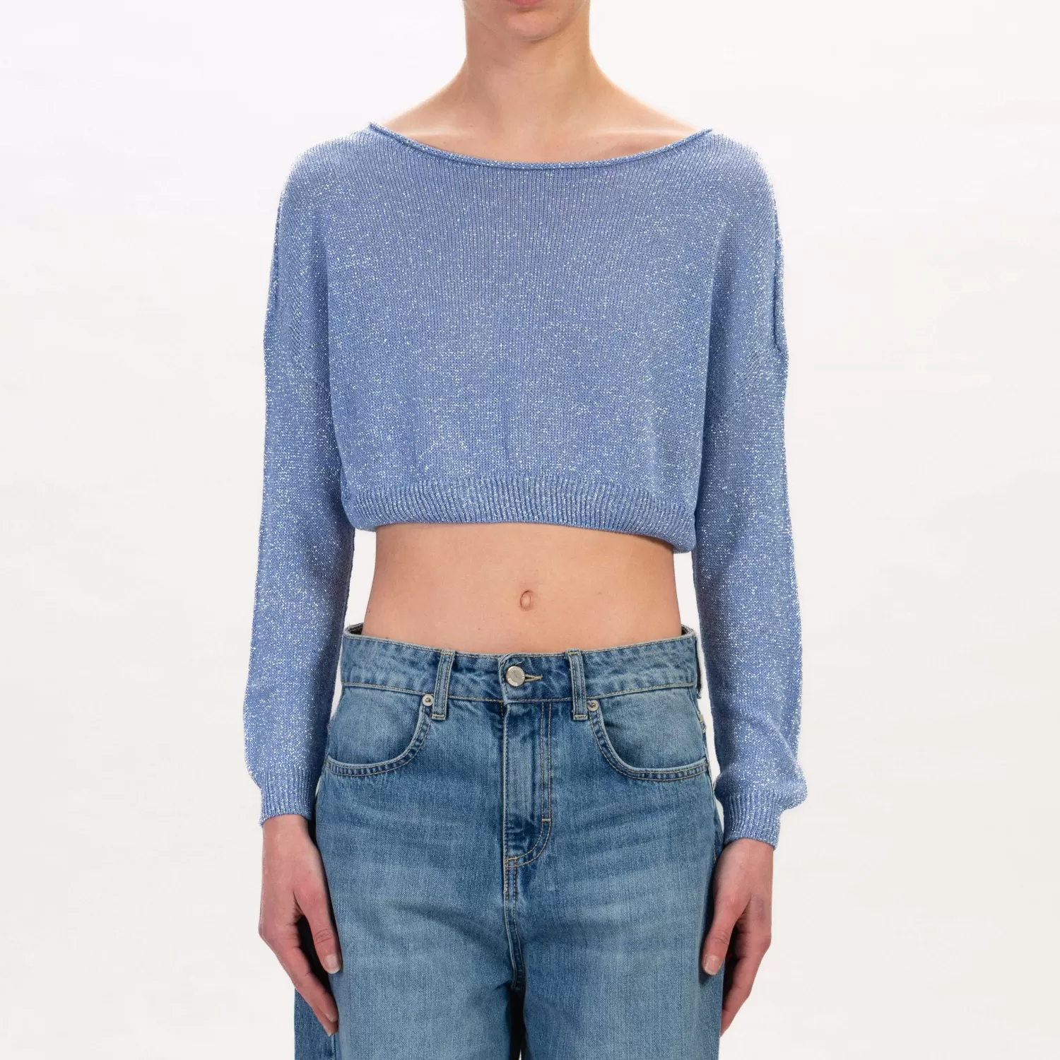 Online White Mood Zeroassoluto-Maglia Crop Scollo Barca In Lurex - Azzurro