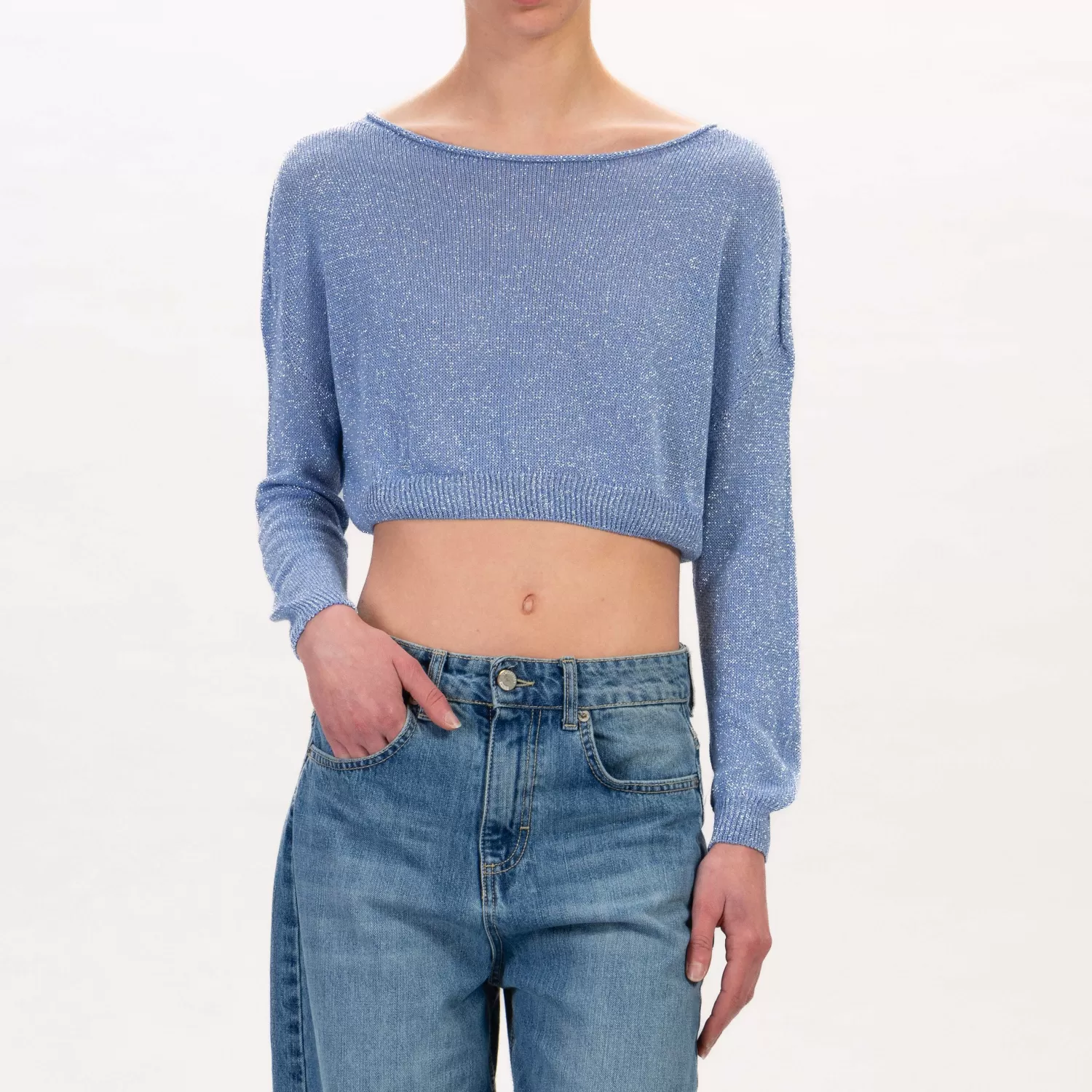 Online White Mood Zeroassoluto-Maglia Crop Scollo Barca In Lurex - Azzurro