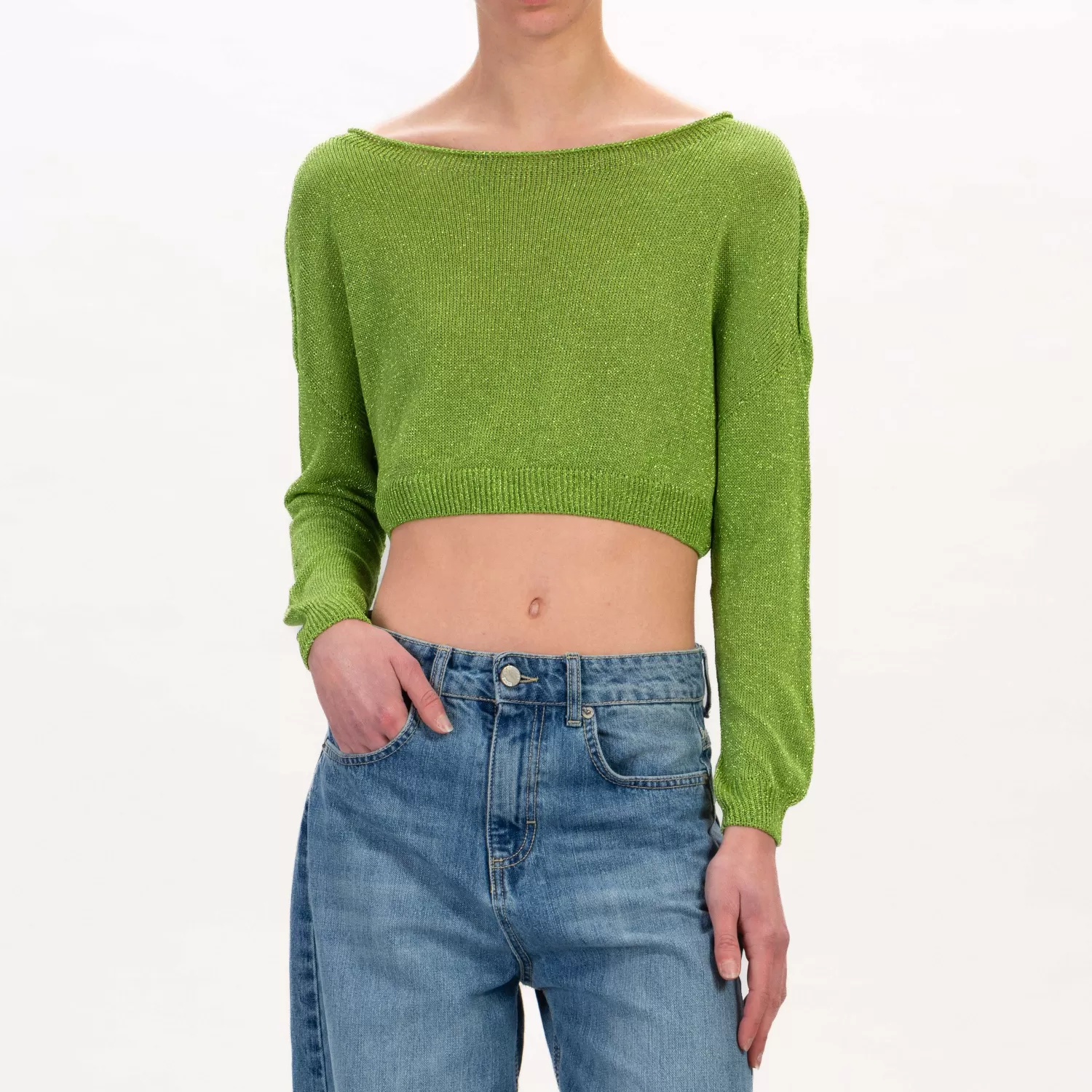 Shop White Mood Zeroassoluto-Maglia Crop Scollo Barca In Lurex - Verde Mela