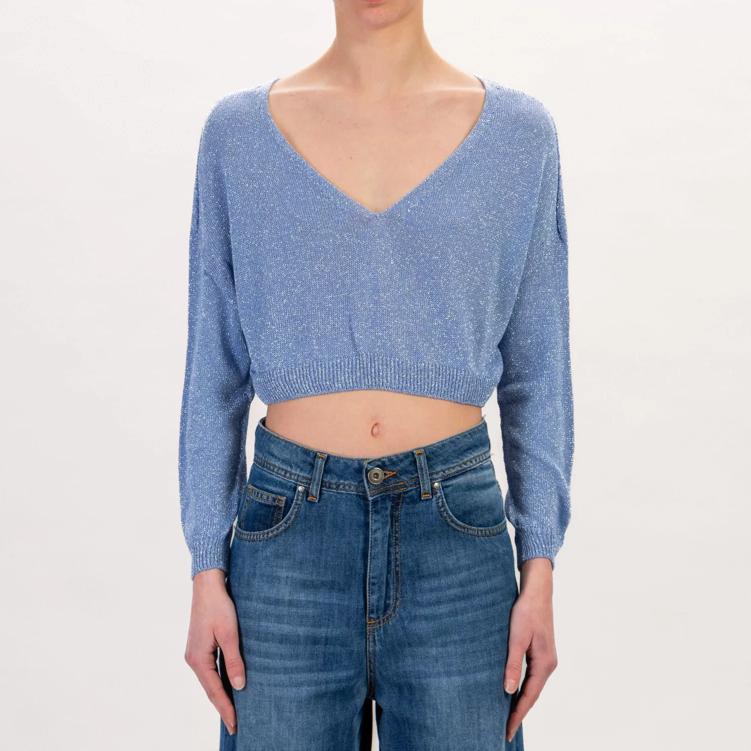 Clearance White Mood Zeroassoluto-Maglia Crop Scollo V In Lurex - Azzurro