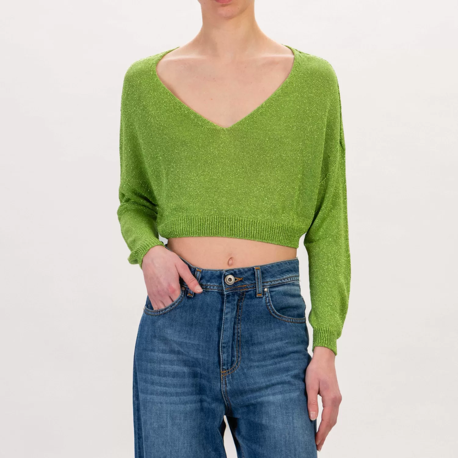 Clearance White Mood Zeroassoluto-Maglia Crop Scollo V In Lurex - Verde Mela