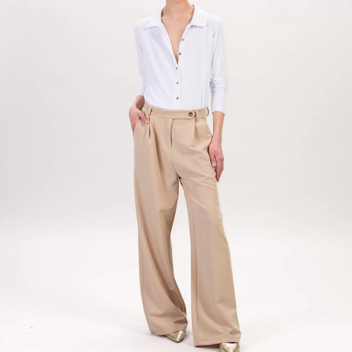 New White Mood Zeroassoluto-Pantalone Baly Wide Leg 1 Pinces - Sand