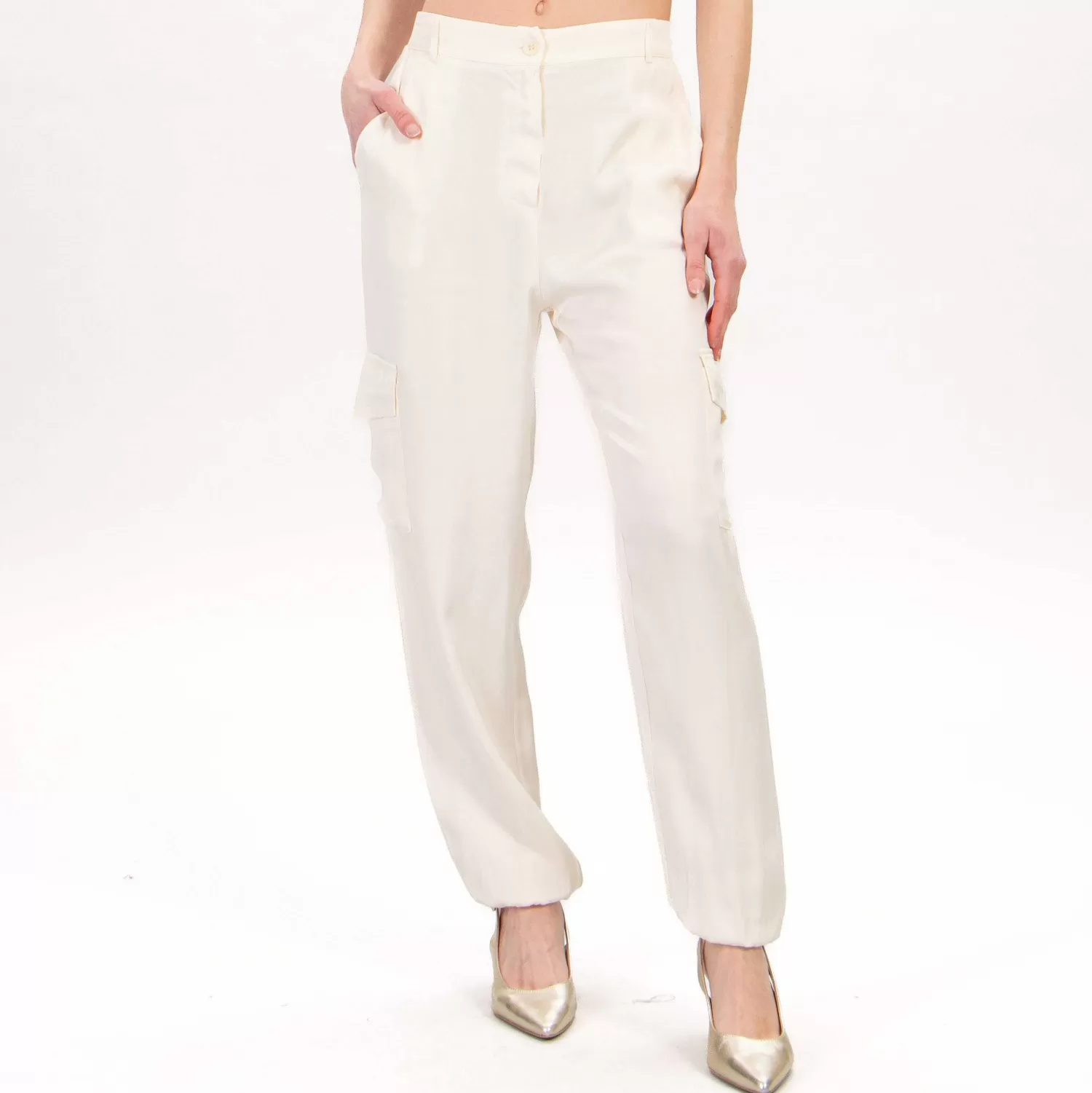 New White Mood Zeroassoluto-Pantalone Cargo In Satin - Burro