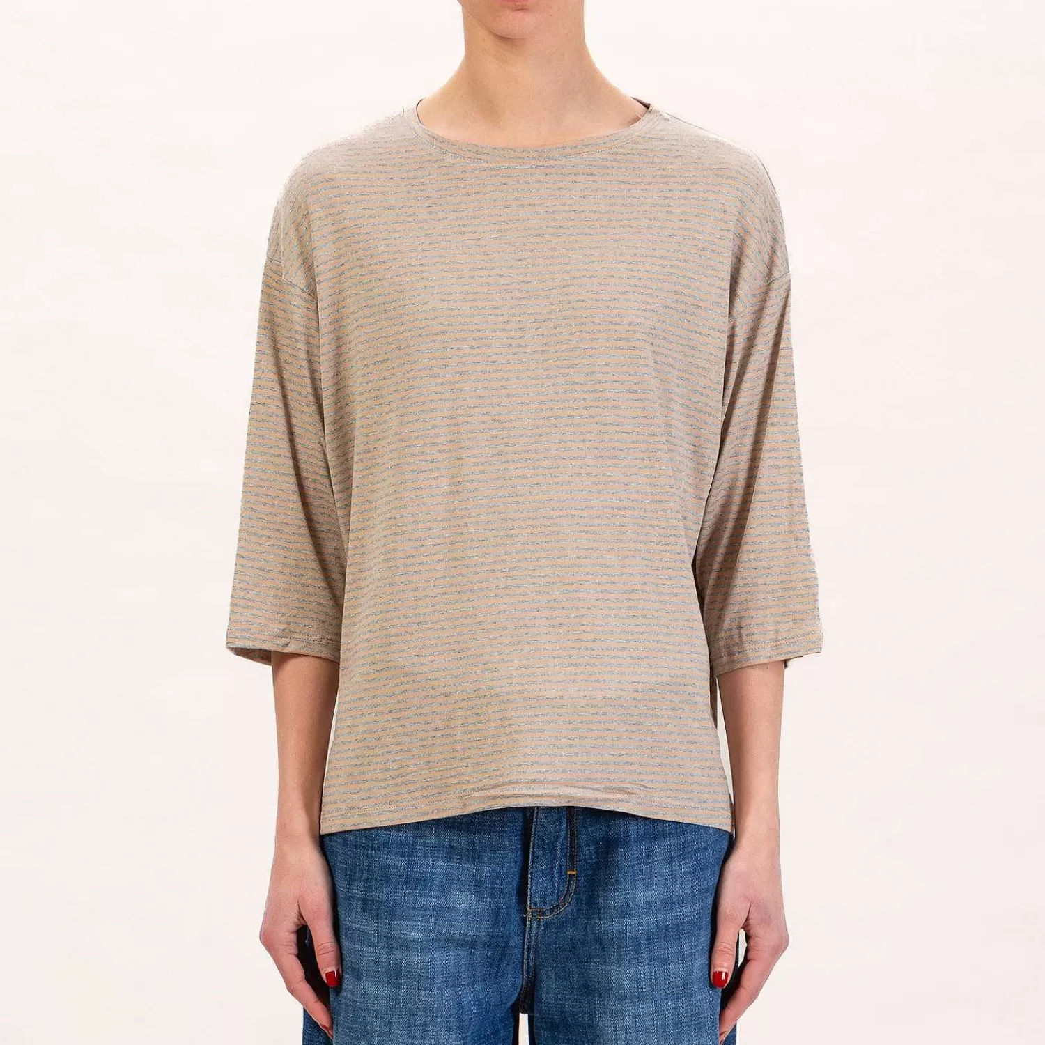 Best White Mood Zeroassoluto-T-Shirt Righe In Jersey Manica 3/4 - Grigio Melange/Beige